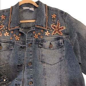 Vintage Wood Bead Floral Boho XL Jean Jacket